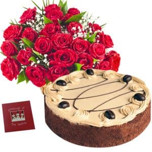 12 Red Roses with 1/2 Kg Chocolate Cake n Teddy